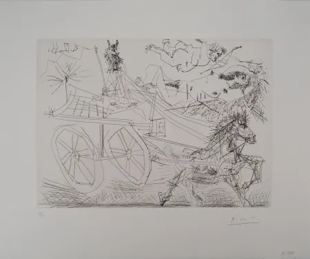 版画 Picasso - Charrette foraine conduite par un petit animal, avec nu et amour dans le ciel