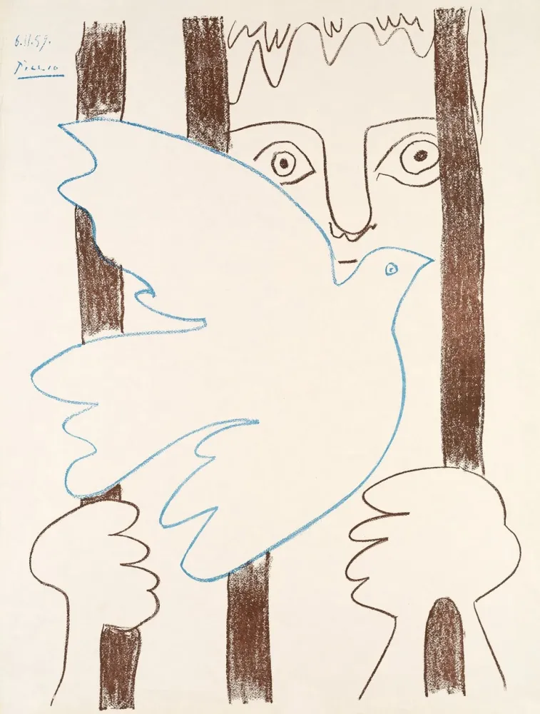 海报 Picasso - Colombe Bleue Volant devant des Barreaux