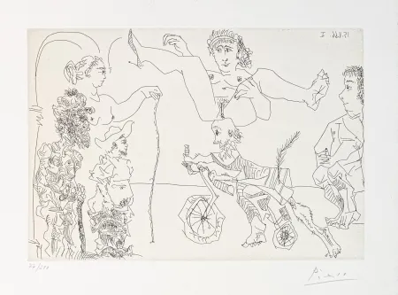 版画 Picasso - Da Le Cocu Maquifique: Femme equilib­riste enlevee par un vieillard barbu a bicyclette devant le cocu et des spectateurs