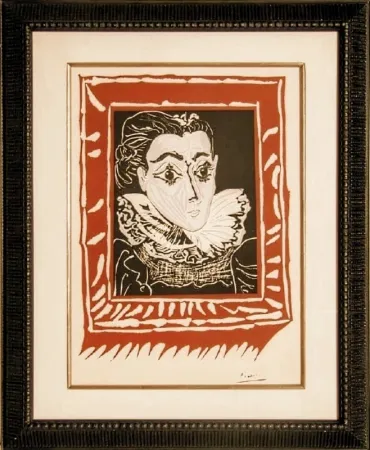 石版画 Picasso -  Dame à la collerette (Lady with the collar),  Jacqueline - Original Linocut on Arches paper, 1963