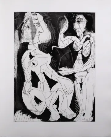 飞尘腐蚀法 Picasso - Deux femmes au miroir, 1966 - A fantastic original etching (Aquatint) by the Master!