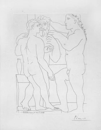 版画 Picasso - Deux hommes sculptes - Two male statues - Three Men Standing