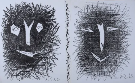 石版画 Picasso - Deux Masques, 1963
