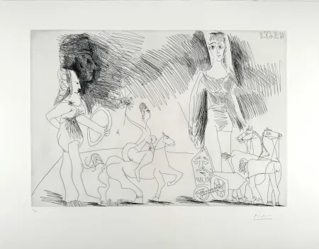 蚀刻版画 Picasso - Écuyères et jongleuse (pl. 2 de la Série 347) 
