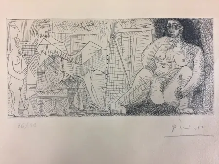 蚀刻版画 Picasso - En el atelier, pintor modelo y espectador