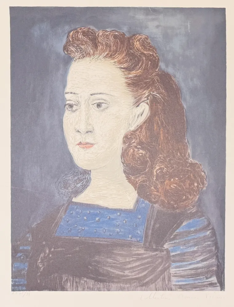 石版画 Picasso - Femme à la collerette bleue
