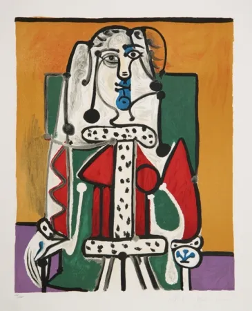 石版画 Picasso - Femme Assise A La Robe D'Hermine