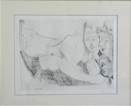 蚀刻版画 Picasso - Femme au Lit avec Visiteurs en Costume du XVII Siecle