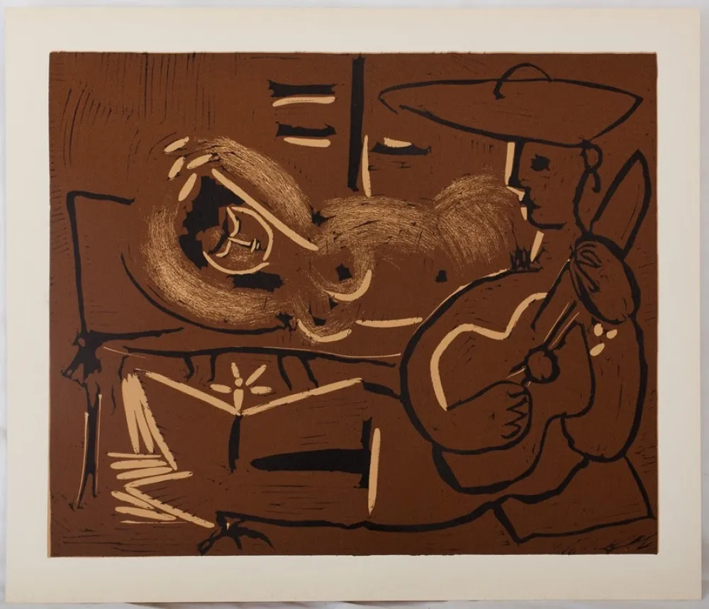 油毡版画 Picasso - Femme couchée et guitariste au chapeau