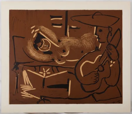 油毡版画 Picasso - Femme couchée et guitariste au chapeau