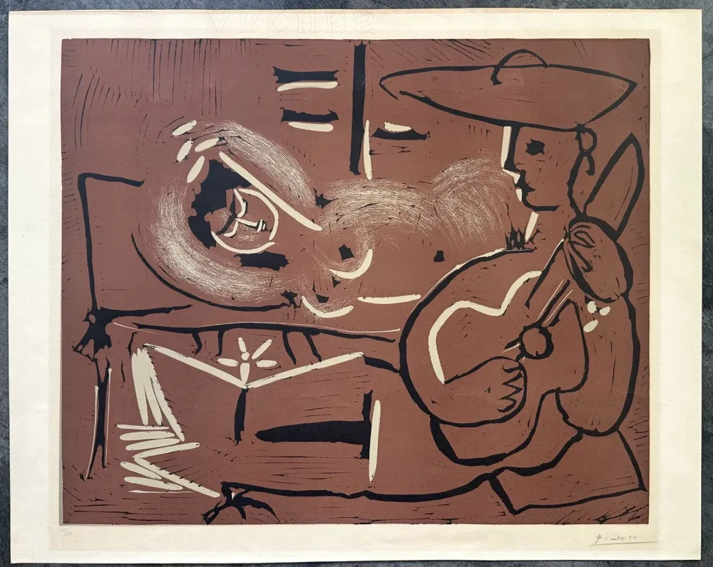 油毡版画 Picasso - FEMME COUCHÉE ET GUITARISTE. Linogravure originale signée (1959)
