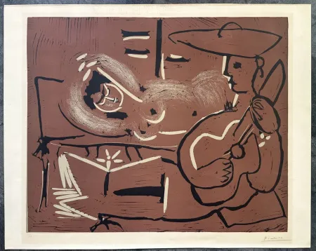 油毡版画 Picasso - FEMME COUCHÉE ET GUITARISTE. Linogravure originale signée (1959)