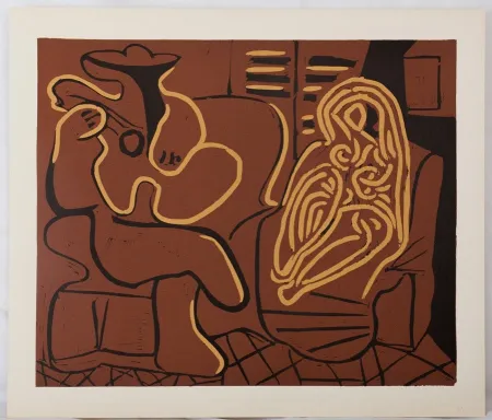 油毡版画 Picasso - Femme dans un fauteuil et guitariste