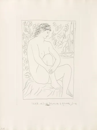 版画 Picasso - Femme nue assise devant un rideau