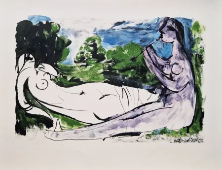 镂版印刷 Picasso - Femme nue couchée et joueur de flûte