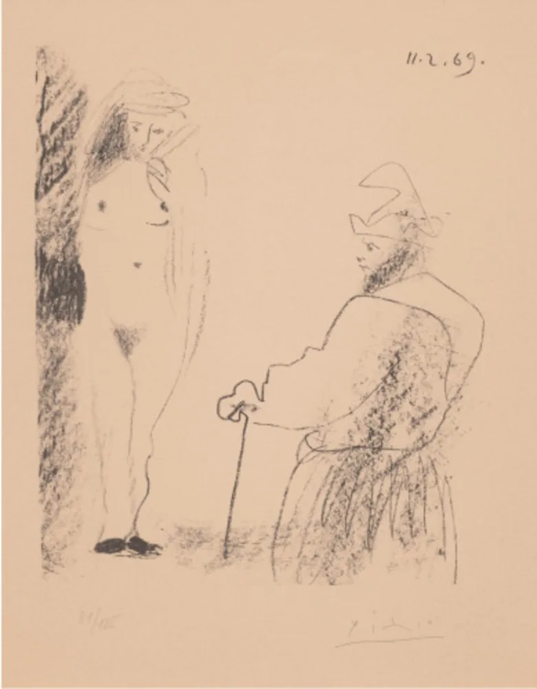 石版画 Picasso - Femme Nue et Homme à la Canne
