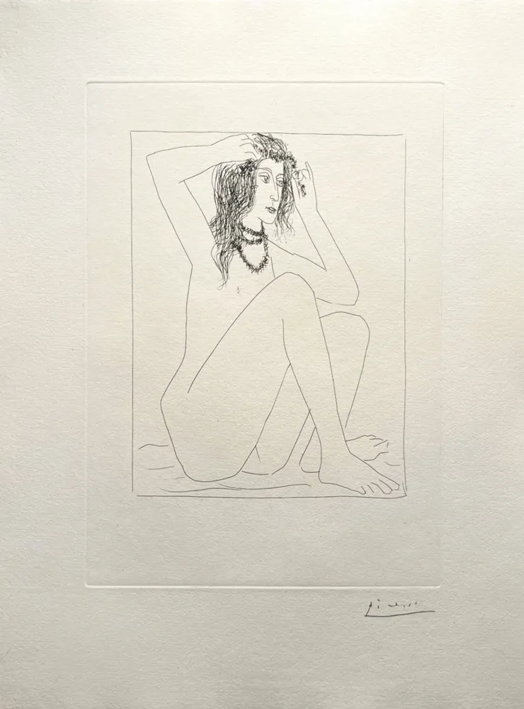 版画 Picasso - Femme nue se couronnant de fleurs