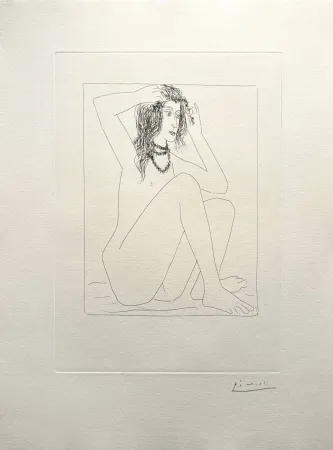 版画 Picasso - Femme nue se couronnant de fleurs