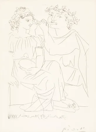 版画 Picasso - Flûtiste et Jeune Fille au Tambourin (Flutist and Tambourine girl) from the Vollard Suite, 1934