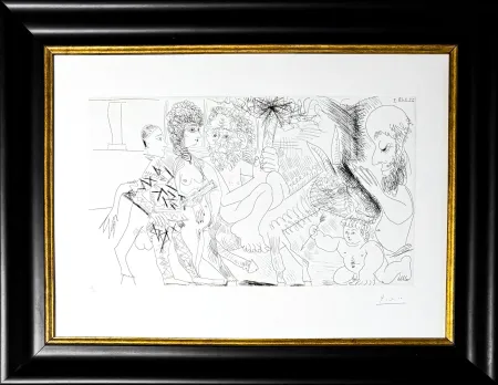蚀刻版画 Picasso - Groupe avec vieillard à la torche sur un âne amoureux, femme et arlequin