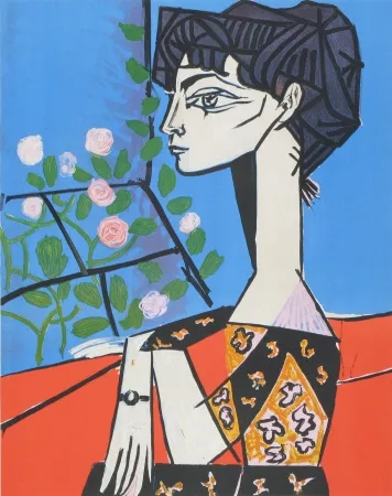 石版画 Picasso - Jacqueline avec Fleurs