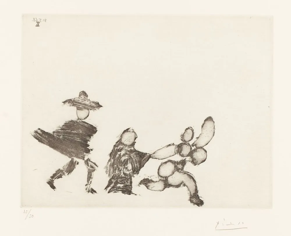 蚀刻版画 Picasso - Jeune fille fuyant, avec la célestine et un jeune homme