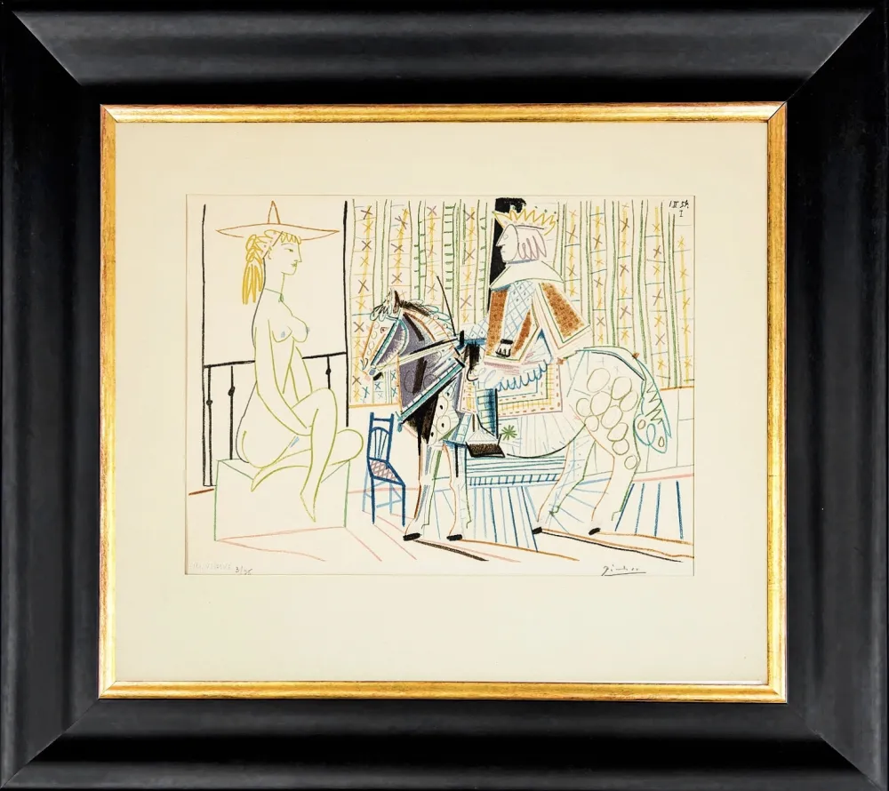 石版画 Picasso - La Comedie Humaine: King on Horse with Sitting Nude