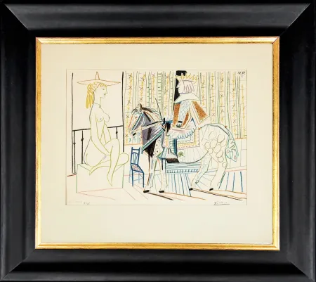 石版画 Picasso - La Comedie Humaine: King on Horse with Sitting Nude