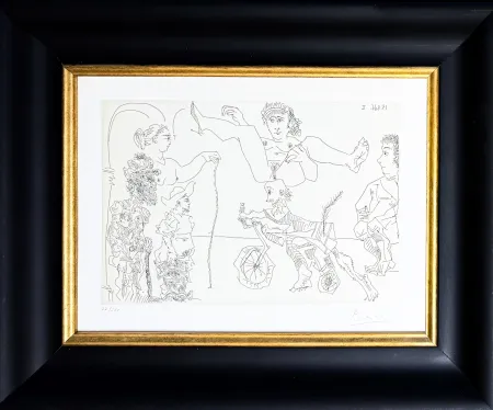 版画 Picasso -  Le Cocu Magnifique: Femme equilib­riste enlevee par un vieillard barbu a bicyclette devant le cocu et des spectateurs