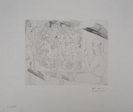 版画 Picasso - Les 156, planche 29 : Peintre dans son atelier peignant « Le Déjeuner sur l’herbe », avec un modèle