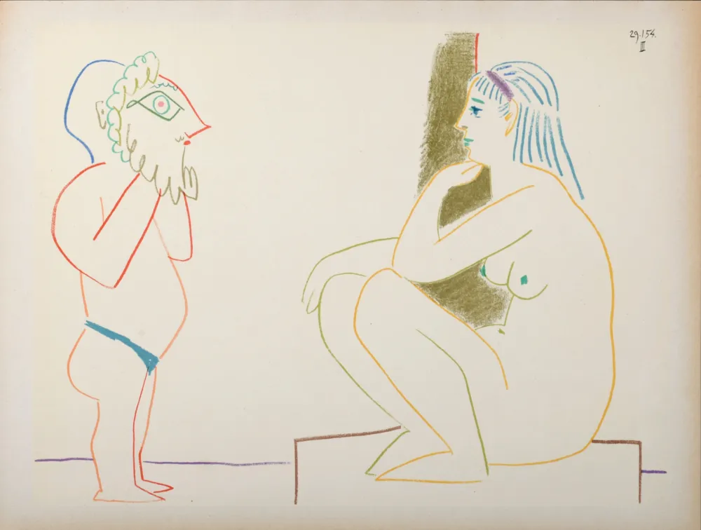 石版画 Picasso - Masked & Model, 1954