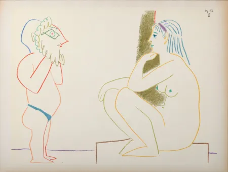 石版画 Picasso - Masked & Model, 1954