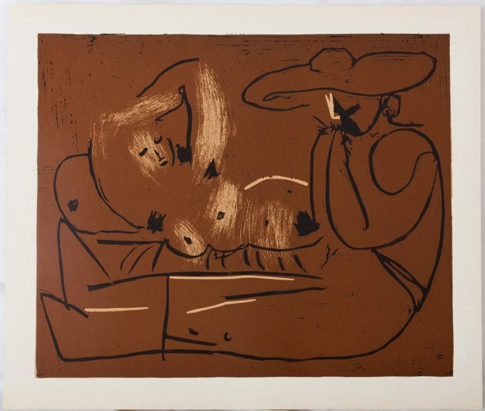 油毡版画 Picasso - Nu couché et guitariste au chapeau