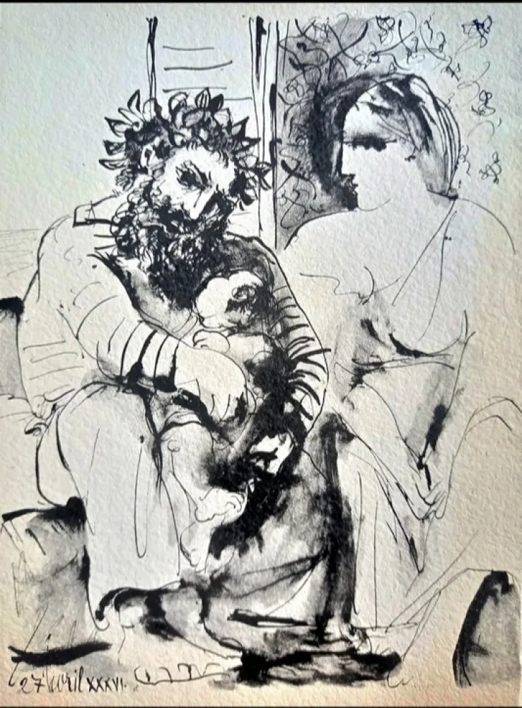 镂版印刷 Picasso - Pablo Picasso, The Family, Original Lithograph on Arches Paper, 1967