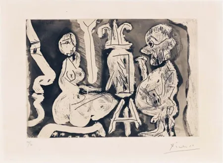 蚀刻版画 Picasso - Peintre et modèle avec un spectateur