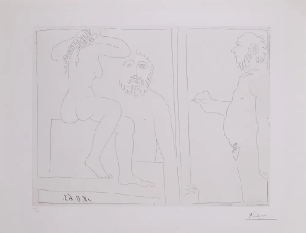 版画 Picasso - Peintre et modele de dos, avec un spectateur