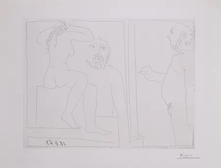 版画 Picasso - Peintre et modele de dos, avec un spectateur
