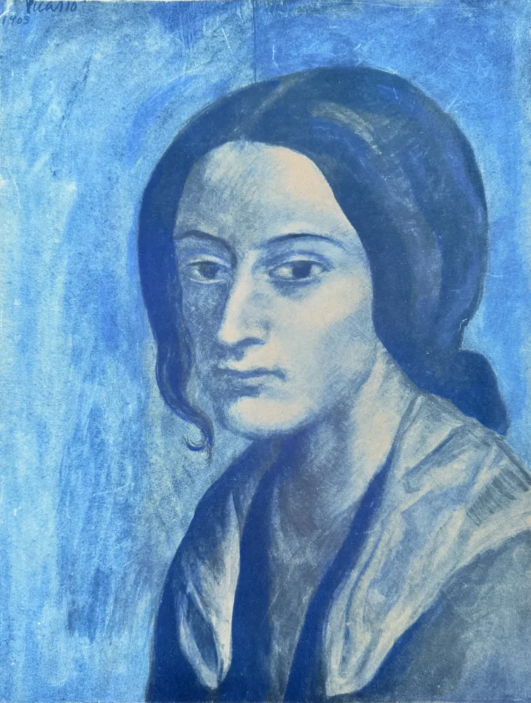 石版画 Picasso - Portrait mélancolique d'une femme en bleu