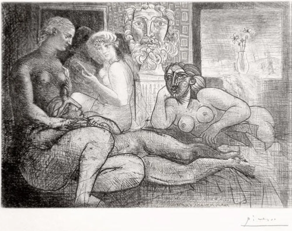 蚀刻版画 Picasso - ‚Quatre femmes nues et tete sculptée La Suite Vollard
