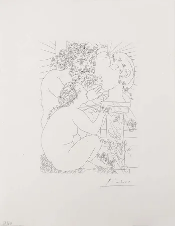 版画 Picasso - Sculpteur Avec Son Modele, Sa Sculpture Et Un Bol D'Anemones (Sculptor with His Model, His Sculpture, and a Bowl of Anemones) from the Vollard Suite