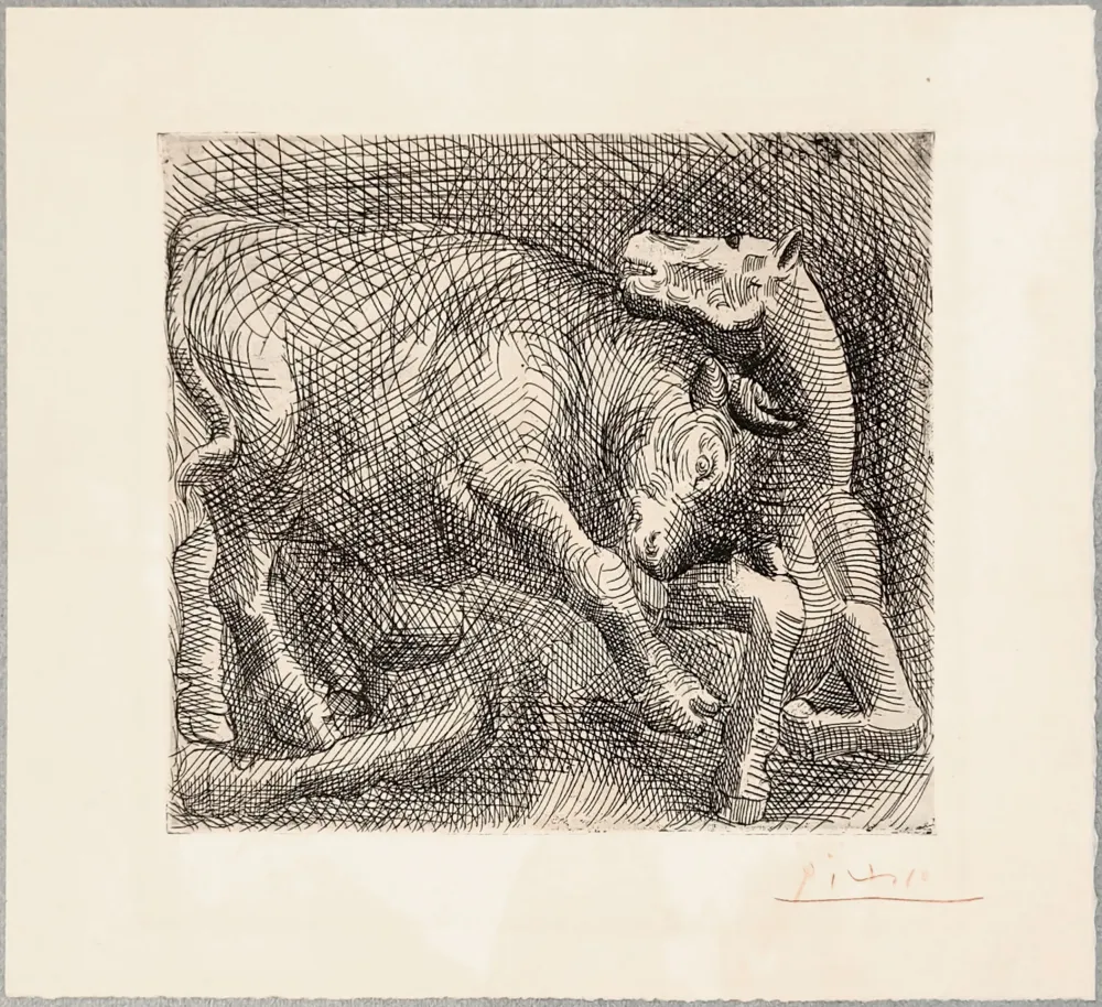 蚀刻版画 Picasso - TAUREAU ATTAQUANT UN CHEVAL. Eau-forte originale signée en rouge (1921)