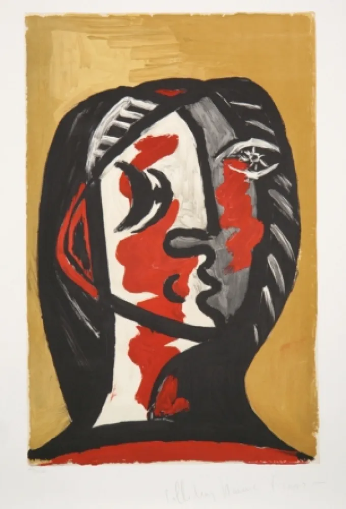 石版画 Picasso - Tete de Femme en Gris et Rouge sur Fond Ochre