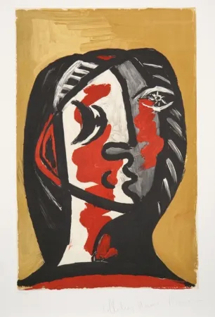 石版画 Picasso - Tete de Femme en Gris et Rouge sur Fond Ochre