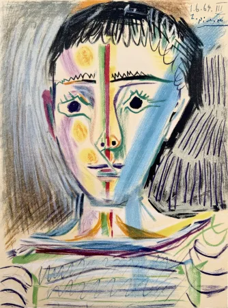 石版画 Picasso - Tête d'un jeune homme en face 