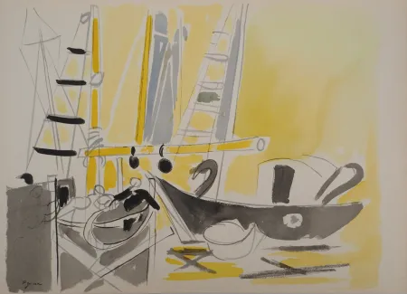 石版画 Pignon - Belgique, bateaux à Ostende