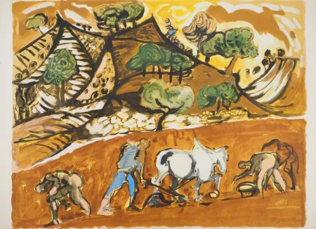 石版画 Pignon - Le labour à cheval