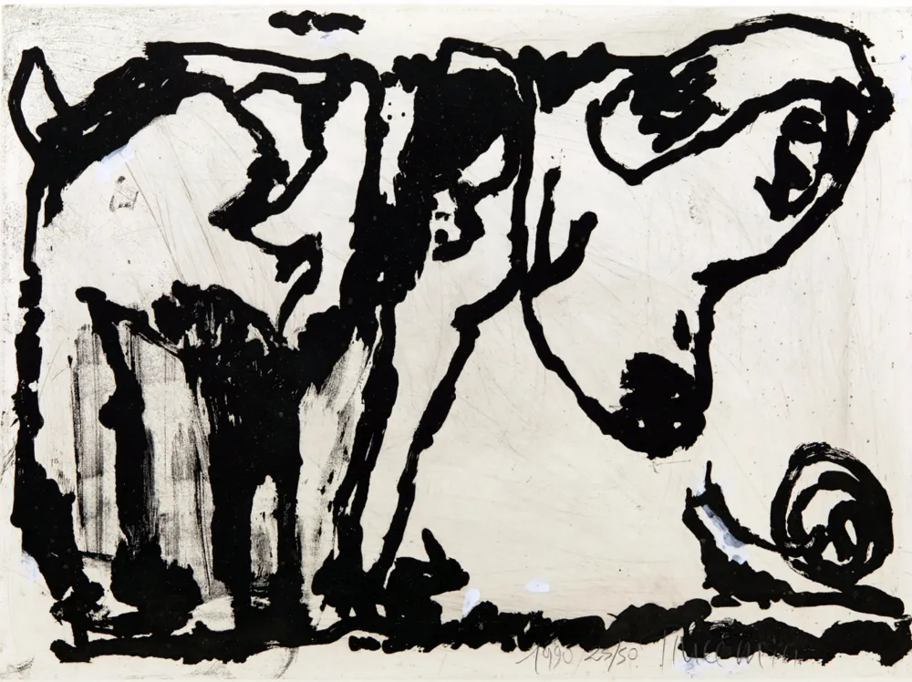 飞尘腐蚀法 Pincemin - Le chien et l’escargot. Épreuve rehaussée à la gouache (1990)