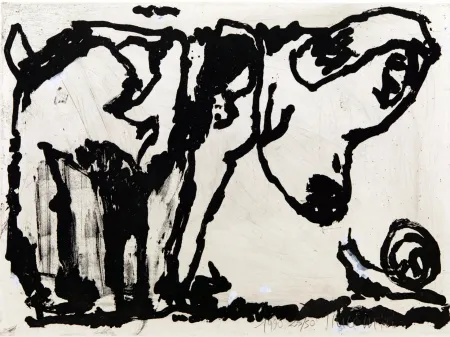 飞尘腐蚀法 Pincemin - Le chien et l’escargot. Épreuve rehaussée à la gouache (1990)