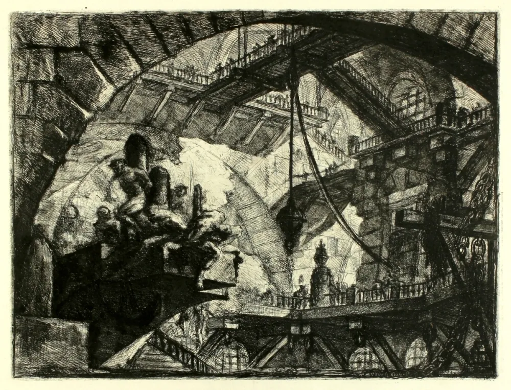 版画 Piranesi - Prisoners on a projecting Platform (Carceri X)