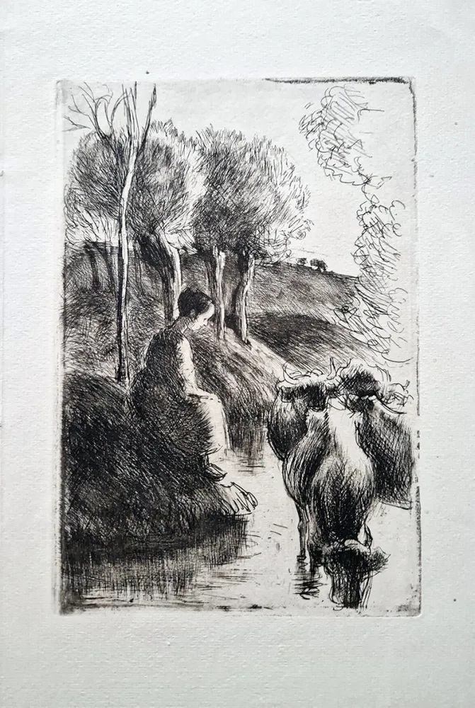 蚀刻版画 Pissarro - Vachère au bord de l'eau